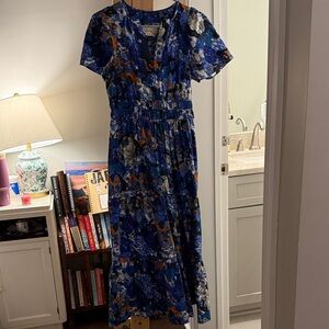 Anthropologie Blue and Orange Floral Midi Dress